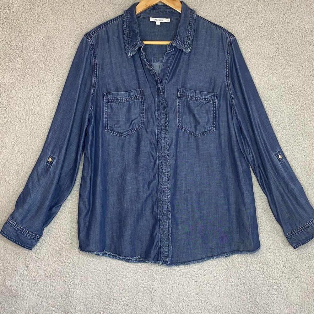 Chicos Womens Boho Large Chambray Tencel Sustainable Denim Button Raw Hem Shirt